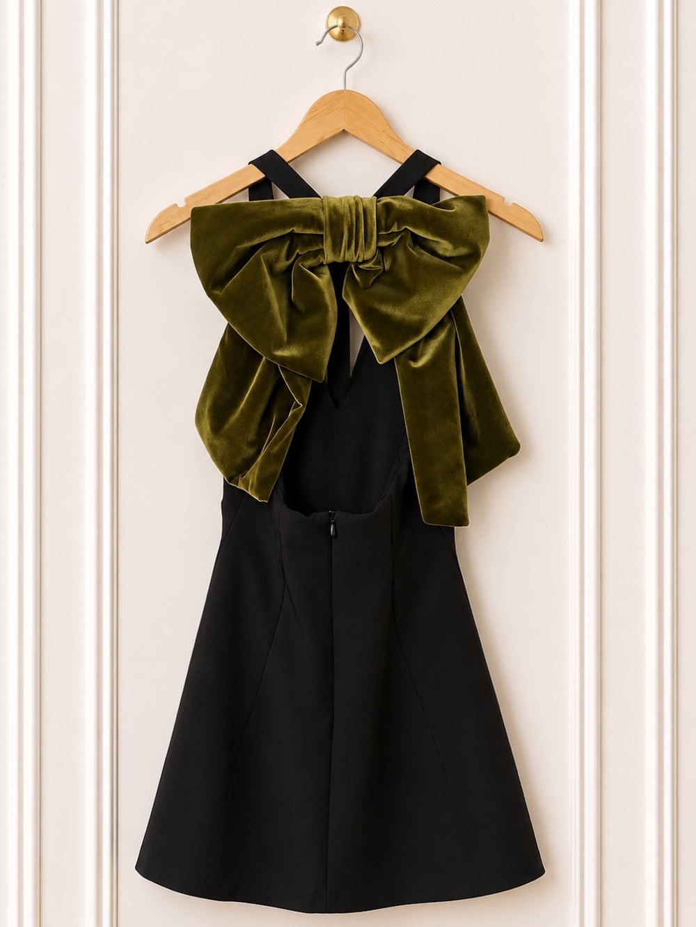 Zara Black Party Dress Olive Green Velvet Bow A-Line Mini Size S